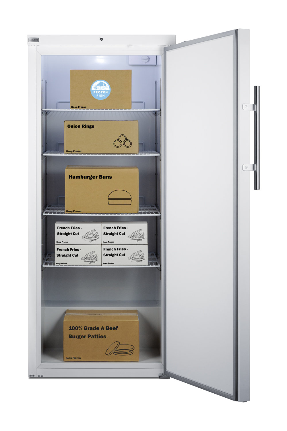 Upright commercially listed manual defrost freezer with lock